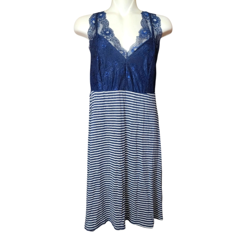 Anthropologie Bordeaux Dress Blue Navy Stripes Lace Trim Nightgown